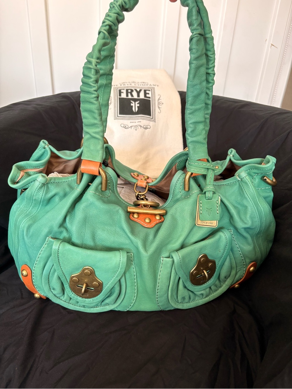 RARE Y2K Frye Turquoise Leather Ruched-Handle Shoulder Bag with Brass Hardware